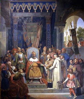 Charlemagne et Alcuin Charlemagne, entouré des ses principaux officiers, reçoit Alcuin qui lui présente des manuscrits, ouvrage de ses moines.